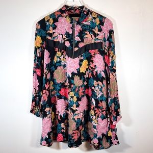 Zara Long Sleeve Floral Retro Half Zip Long Sleeve Mini Tunic Dress Sz S $15
